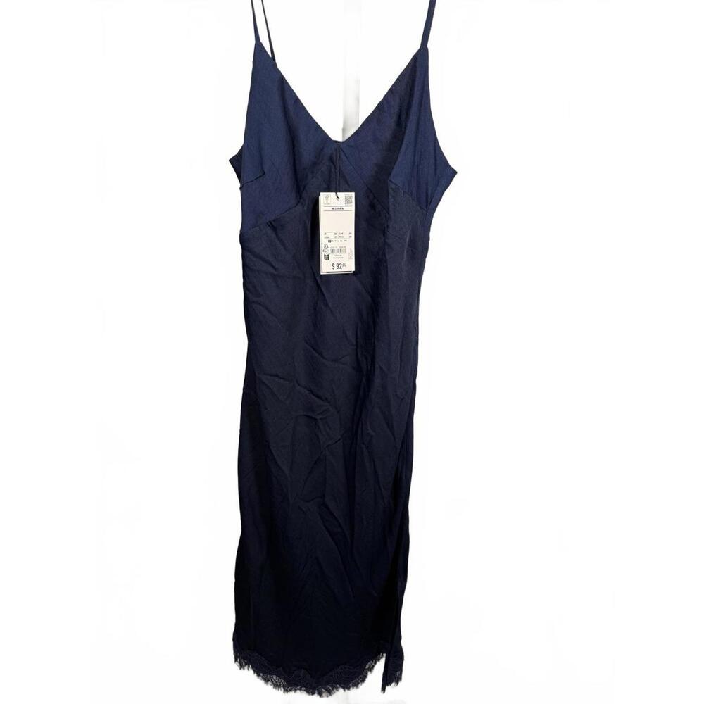Piombo Navy Blue Slip Dress with Lace Trim - XS